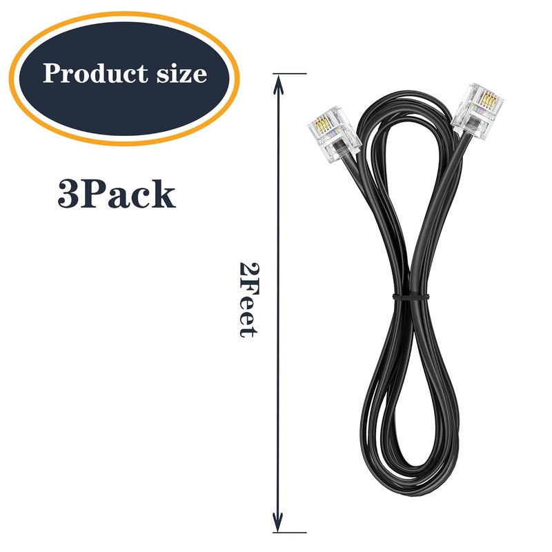 Ubramac 3Pack Phone Telephone Extension Cord 2FT Cable Line with Standard RJ11 6P4C Plugs for Landline Phone and Fax (3, Black, 2FT) - Image 2